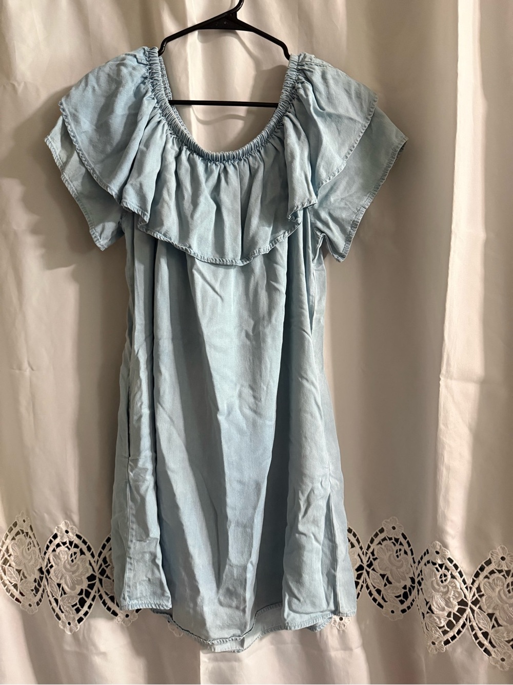 Chelsea & Theodore Light Blue Ruffled Off-Shoulder Dress